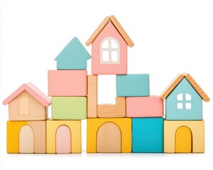 Kindergarten Age Back To School Colorful Wooden Building Blocks Stacked to Form Cute House Structures