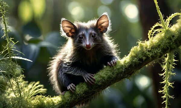 A small, furry animal perched on a moss-covered branch in a lush, green environment.