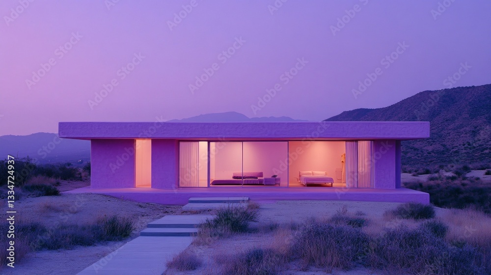 Aufkleber a striking pink house stands elegantly against a serene desert backdrop at dusk. soft light emanates
