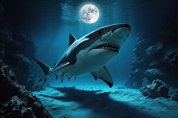 Obraz premium A majestic shark gliding through the deep, illuminated by moonlight, surrounded by mysterious underwater scenery