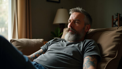 Fototapeta premium Flat Dreamy relaxed mature older tattooed hipster man relaxes sitting and thinking at home. Pensive calm stylish mid aged single bearded guy rests on couch looking away reflecting. concept as Dreamy r