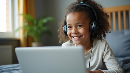Happy mixed race teen schoolgirl engages in virtual remote e learning using laptop in bedroom wearing headphones looking at camera participating in distance education classes studying online at home. 