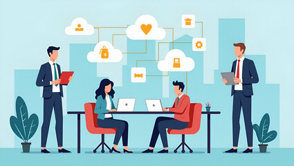 Empowering Teamwork: Flat Vector Illustration of Business Professionals Connecting via Mobile Phones to Cloud Computing Services for Smart Working Solutions