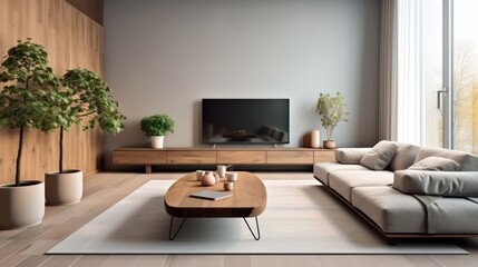 Fototapeta premium Living Room. Cozy Living Room Interior. Comfortable and Stylish Design with Soft Furnishings and Relaxing Ambiance, Home Decor Concept with Copy Space. Real Estate Concept. Hotel Concept