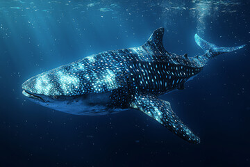Naklejka premium A diver swimming alongside a whale shark in deep blue waters. Concept of ocean wildlife and ecotourism.