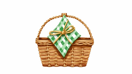 Charming Watercolor Illustration of Wicker Picnic Basket with Green and White Checkered Napkin Tied with Raffia Bow - Perfect for Outdoor Themes and Lifestyle Designs