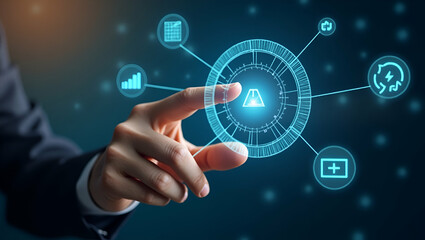 Fototapeta premium Flat Hand interacting with holographic digital marketing interface showing customer engagement data analytics targeted advertising icons in empty space concept as Hand uses holographic digital marketi