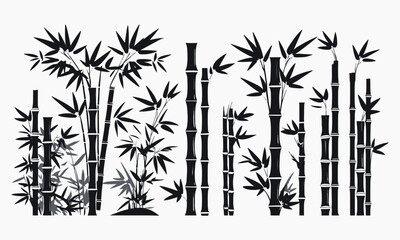 A modern vector-style illustration featuring a set of black bamboo silhouettes, easily editable.