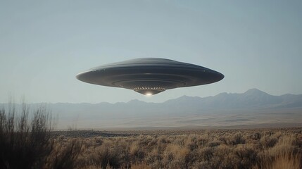 A flying saucer hovers over a desert landscape scene