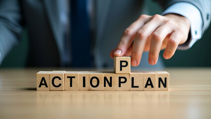 Businessman hand arranging wood block icon business strategy action plan copy space concept as Businessman arranges wooden blocks business strategy icons highlights action oriented planning in  Photo 