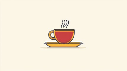 Obraz premium Cozy Red Cup of Hot Beverage with Steam on a Yellow Saucer in Minimalist Style