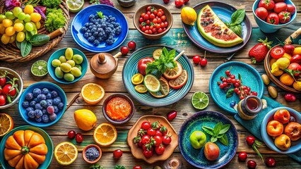 Vibrant Feast: Colorful Dishes & Fresh Fruits, Abundant Table Setting