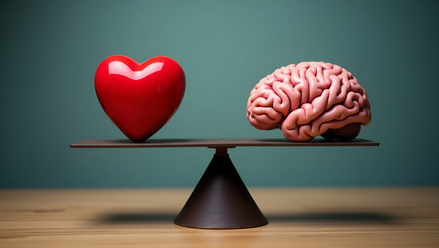 Flat Heart and brain balanced on scales symbolizing the conflict between emotion and logic in decision making concept as Heart and brain on scales representing the balance between emotion and logic in