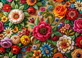 Vibrant Floral Textile Art: Colorful Blooming Flowers & Nature Inspired Design