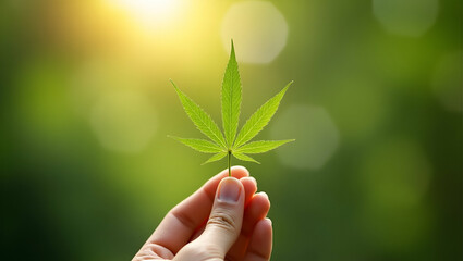 Handheld cannabis leaf swaying breeze natural light eco branding connection sustainable health branding holistic product marketing synergy concept as Close up cannabis movement fosters eco friendly br