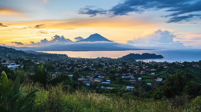 Stunning Panoramic View of Mount Victoria at Sunset Over Malabo, Equatorial Guinea, Showcasing the Vibrant Sky and Serene Coastal Landscape