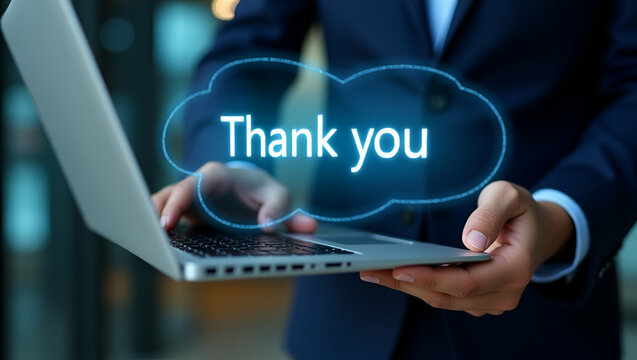Businessman using laptop and touching the message thank you on a display screen concept of thank you business congratulations appreciation gratitude presentation from technology digital. concept as Bu