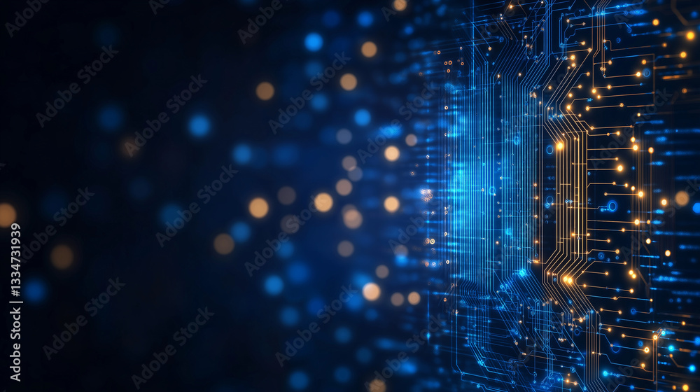 Poster digital universe: abstract image of a complex circuit board with vibrant blue and orange glowing lig