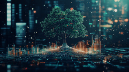 Fototapeta premium Cyber Tree: A vibrant digital tree rooted in a circuit board against a futuristic cityscape, a stunning visual metaphor for the convergence of nature and technology.