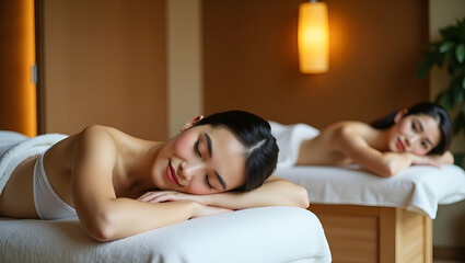 Young Couple Relaxing on Massage Beds at Asian Luxury Spa: Promoting Health and Wellness in a Serene Setting with Empty Space for Customization - Stock Photo Concept