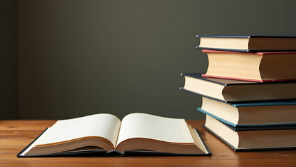 Flat Open Book and Stack of Hardback Books on Wooden Table: A Cute Vector Illustration Representing Education with Ample Copy Space for Text - Perfect for Smart Business Concepts