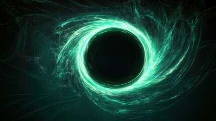 Naklejka premium Abstract digital background with glowing green and blue particles, lines, and dots flashing in dark space. An abstract futuristic tech concept. A sci-fi and fantasy design of a black hole or wormhole.
