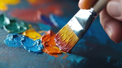 Creative Expression in Art Therapy, a hand gripping a paintbrush, vibrant layers of thick paint on canvas, symbolizing the therapeutic journey of artistic creation.