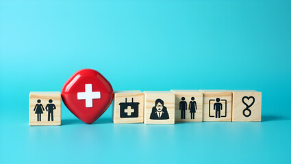Flat Woman arranges wood cubes with healthcare icons on blue background symbolizing health insurance and medical financial planning. concept as Highlights health related financial security and strateg