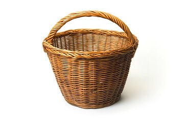 Obraz premium Empty Brown Wicker Basket with Handle, Isolated on White Background