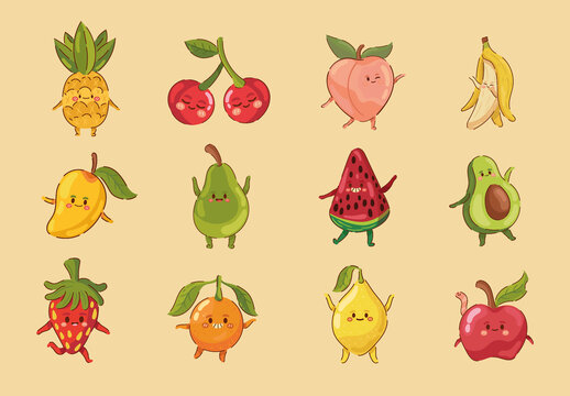 Colorful Kawaii Cute Fruit Illustration Design Set