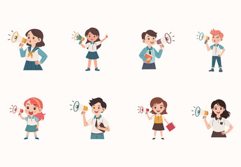 Blue And Yellow School Kids Megaphone Communication Student Illustrations Set