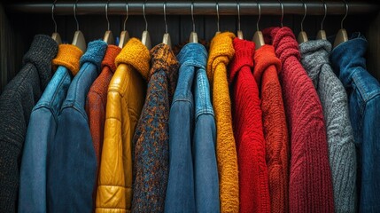 Colorful winter clothes hanging in closet on wooden hangers