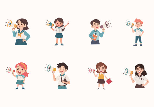 Blue And Yellow School Kids Megaphone Communication Student Illustrations Set