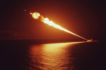 Fototapeta premium Test launch of the cruise missile from a warship against the night sky background. Missile weapons and naval forces concept. Documentary shot for poster, presentation, design
