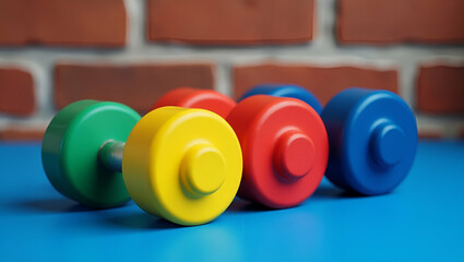 Colorful rainbow dumbbells lined up on vibrant blue surface in front of brick wall perfect for fitness gym concepts concept as Dumbbells arranged on blue surface with brick wall background showcasing 