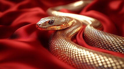 Fototapeta premium Golden Snake on Red Fabric