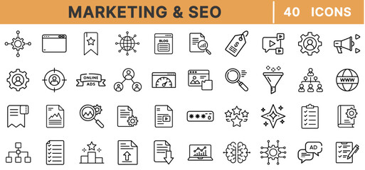 "Marketing & SEO Line Icons – Digital Advertising, Search Optimization, Content Strategy, Online Marketing, Analytics, Branding, PPC, Promotion, Editable Stroke, Vector Set"