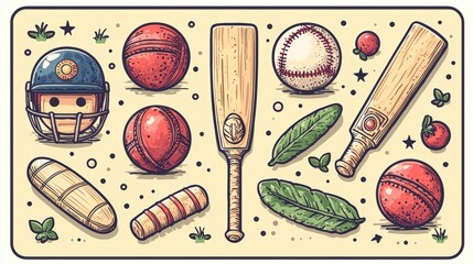 Colorful Vintage Sports Equipment Illustration Featuring Balls, Bats, and Gear on Cream Background