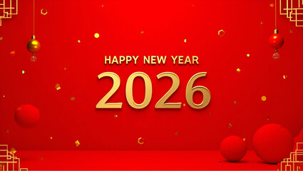 Gold Happy New Year 2026 Message with Chinese New Year Decorations on Red Background Symbolizing Lunar Year of the Snake - Perfect Stock Photo Concept with Space for Text