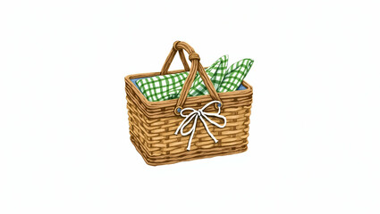 Flat Watercolor illustration of wicker picnic basket with green and white checkered cloth napkin tied with raffia bow on white background ideal for outdoor themes and lifestyle designs concept as Wate
