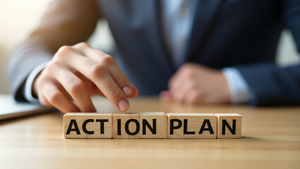 Businessman hand arranging wood block icon business strategy action plan copy space concept as Businessman arranges wooden blocks business strategy icons highlights action oriented planning in  Photo 