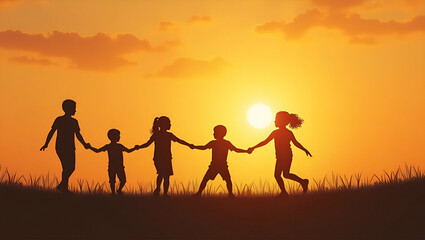 Fototapeta premium Joyful Childhood Memories: Flat Silhouette Illustration of Children Playing Outdoors at Sunset - Capturing Happy Summer Moments in a Cute Vector Design