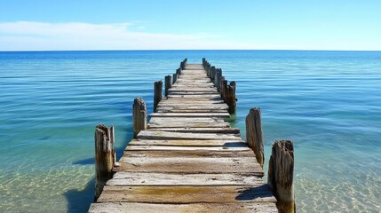 Fototapeta premium Weathered Posts of a Crumbling Pier Extending into Serene Blue Waters