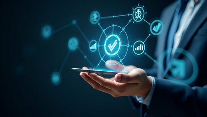 Fototapeta premium Hand Interacting with Holographic Personal Loan Device: Explore Financial Services, Interest Rates, and Payment Options Icons in an Innovative Concept with Empty Space for Customization
