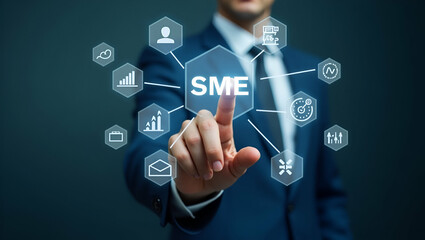 Hand Pointing at Holographic Icons Representing SME Business Growth Strategies: Visualizing Success for Small and Medium Enterprises in a Conceptual Empty Space