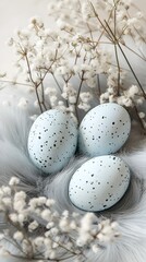 Obraz premium Easter's Delicate Trio: A charming springtime still-life, featuring three speckled blue eggs nestled among soft, fluffy feathers and delicate white blossoms.