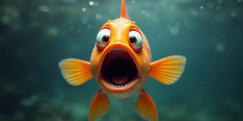 A fish with wide open mouth and big eyes, Surprised, shocked or amazed face front view