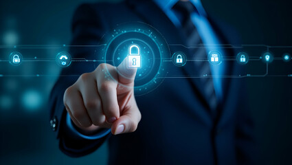 Business Hand Clicking Virtual Security Icon on Digital Display: A Conceptual Representation of Data Protection, Cyber Security, Privacy, and Networking Technology in the Digital Age