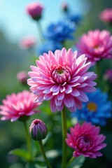 Fototapeta premium Close-up of vibrant blue and pink chrysanthemum flowers in full bloom on a sunny day, pink, nature, colorful