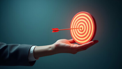 Achieve Business Goals: Holographic Target with Arrow in Bullseye